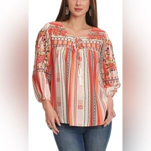 Savanna Jane NWT floral embroidered pop over blouse MED colorful boho Aztec